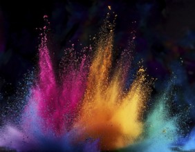 A colorful explosion powder on black background.. Multicolored powder explosion, AI generated