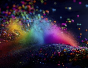A colorful explosion powder on black background.. Multicolored powder explosion, AI generated