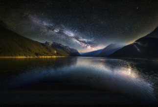 Rustic wooden platform set against a breathtaking backdrop of a star-filled night sky, featuring