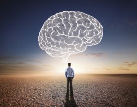 A lone figure stands before a giant brain floating in a surreal desert setting, symbolizing
