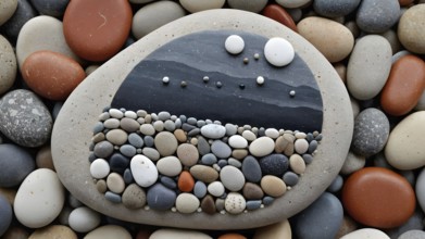 Artistic representation of a tree and scenic ocean view crafted using colorful pebbles on smooth