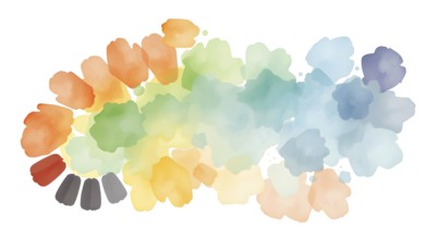 A vibrant display of abstract watercolor artwork featuring a spectrum of soft and bright hues,