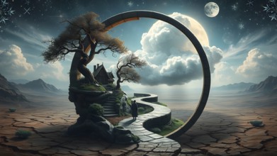 A captivating artwork depicting a circular portal revealing a dreamy world with treehouses, lush
