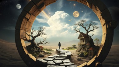 A captivating artwork depicting a circular portal revealing a dreamy world with treehouses, lush