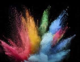 A colorful explosion powder on black background.. Multicolored powder explosion, AI generated
