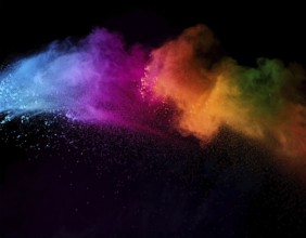 A colorful explosion powder on black background.. Multicolored powder explosion, AI generated