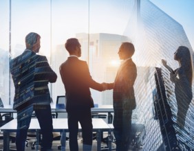 Double exposure image of business people with a modern city. Concept of teamwork, AI generated