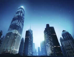 Skyscrapers reflecting the city lights and the integration of finance and technology, AI generated