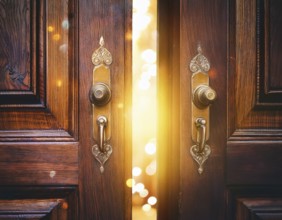 Vintage door ajar in the middle with glowing magical warm lights on the other side, AI generated