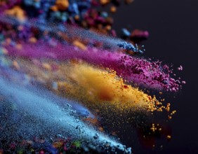A colorful explosion powder on black background.. Multicolored powder explosion, AI generated