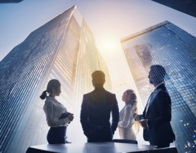 Double exposure image of business people with a modern city. Concept of teamwork, AI generated