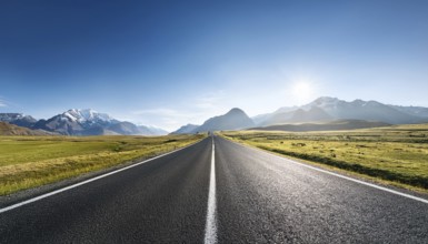 Unexplored road journeys and adventures.Road through the scenic landscape to the destination, AI