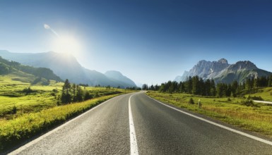Unexplored road journeys and adventures.Road through the scenic landscape to the destination, AI