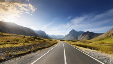 Unexplored road journeys and adventures.Road through the scenic landscape to the destination, AI