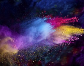 A colorful explosion powder on black background.. Multicolored powder explosion, AI generated