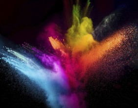 A colorful explosion powder on black background.. Multicolored powder explosion, AI generated