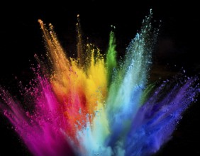 A colorful explosion powder on black background.. Multicolored powder explosion, AI generated