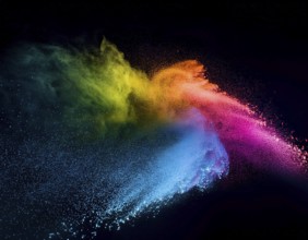A colorful explosion powder on black background.. Multicolored powder explosion, AI generated