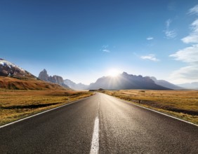 Unexplored road journeys and adventures.Road through the scenic landscape to the destination, AI