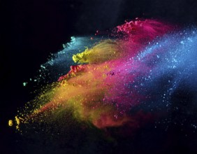 A colorful explosion powder on black background.. Multicolored powder explosion, AI generated