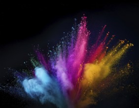 A colorful explosion powder on black background.. Multicolored powder explosion, AI generated
