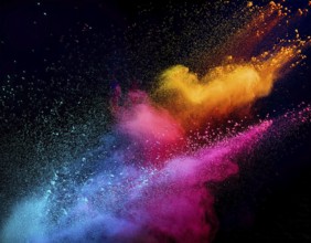 A colorful explosion powder on black background.. Multicolored powder explosion, AI generated