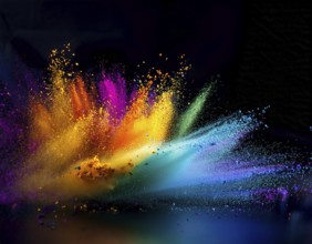 A colorful explosion powder on black background.. Multicolored powder explosion, AI generated