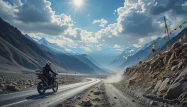 A motorcyclist is seen riding on a winding road through a majestic mountain valley, with prayer