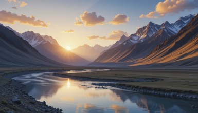 A breathtaking view of a river winding through a valley, framed by majestic mountains and a vibrant