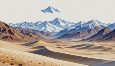 An artistic depiction of a desert scene, featuring rolling sand dunes, distant mountains, and a