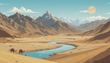 A serene desert landscape painting depicts a river winding through the valley, with mountains and