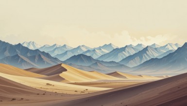 This artwork showcases a stunning desert scene with rolling sand dunes and a backdrop of layered,