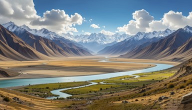 A stunning vista of a river snaking through a valley, framed by majestic mountains under a bright