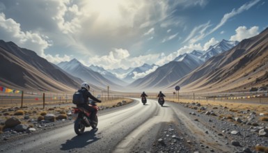 Three motorcyclists ride along a winding road through a scenic mountain pass, enjoying the open
