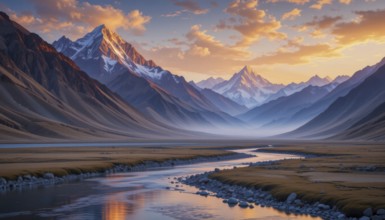 The sun sets over a stunning mountain range, casting a warm glow on the snow-capped peaks and a