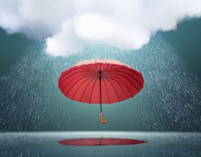 A vibrant red umbrella shielding against rain under an overcast sky, evoking protection, serenity,