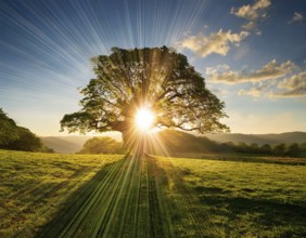 An awe-inspiring scene showcasing the sun's rays bursting through a solitary tree, illuminating a