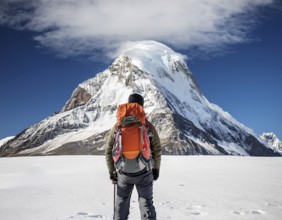 Lone climber equipped with winter gear trekking through pristine snow towards a towering mountain