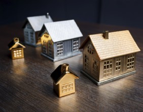 A collection of small model houses with cozy lighting, creating a warm and inviting atmosphere, AI