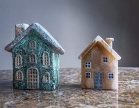 A collection of small model houses with cozy lighting, creating a warm and inviting atmosphere, AI