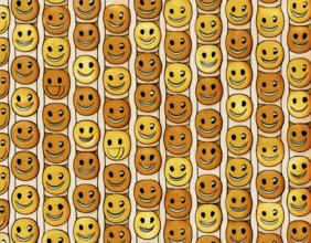Colorful illustration featuring a seamless pattern of cheerful smiley faces on a blue surface,