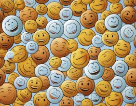 Colorful illustration featuring a seamless pattern of cheerful smiley faces on a blue surface,