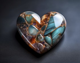 A heart-shaped gemstone with vivid colors placed on a textured surface, capturing an elegant and