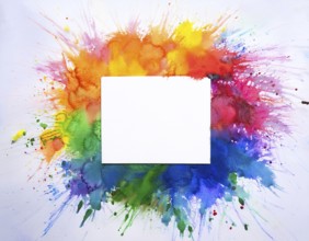 Vibrant watercolor splash in rainbow hues framing a oval white blank circle, perfect for creative