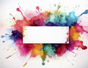 Vibrant watercolor splash in rainbow hues framing a oval white blank circle, perfect for creative