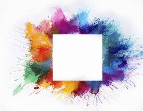 Vibrant watercolor splash in rainbow hues framing a oval white blank circle, perfect for creative
