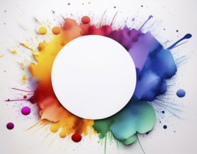 Vibrant watercolor splash in rainbow hues framing a central white blank circle, perfect for