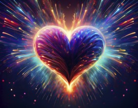 Colorful artistic display featuring vibrant light patterns shaped like a heart, expressing love and