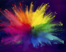Colorful abstract art depicting a vibrant explosion of rainbow hues on a dark background, evoking