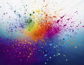 Vibrant and energetic multicolored powder explosion captured against awhite background. Evoking